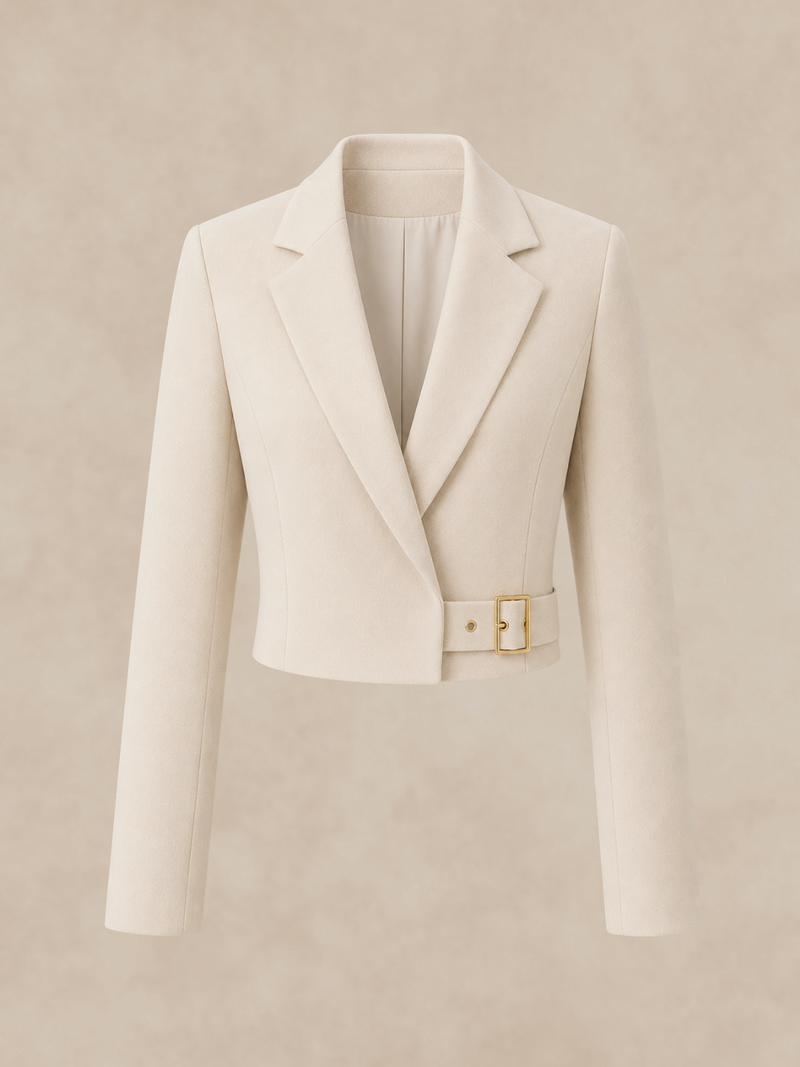 Rosie cropped blazer in Nude Pearl, cream suiting, flat lay