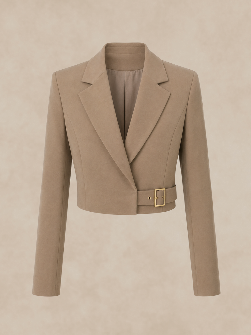 Rosie cropped blazer in Sheer Dusk, light brown suiting, flat lay