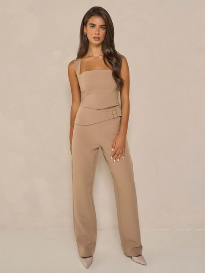 Alani straight leg trousers in Sheer Dusk, light brown suiting, front view