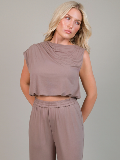 Dahlia Taupe Draped Balloon Jersey Top