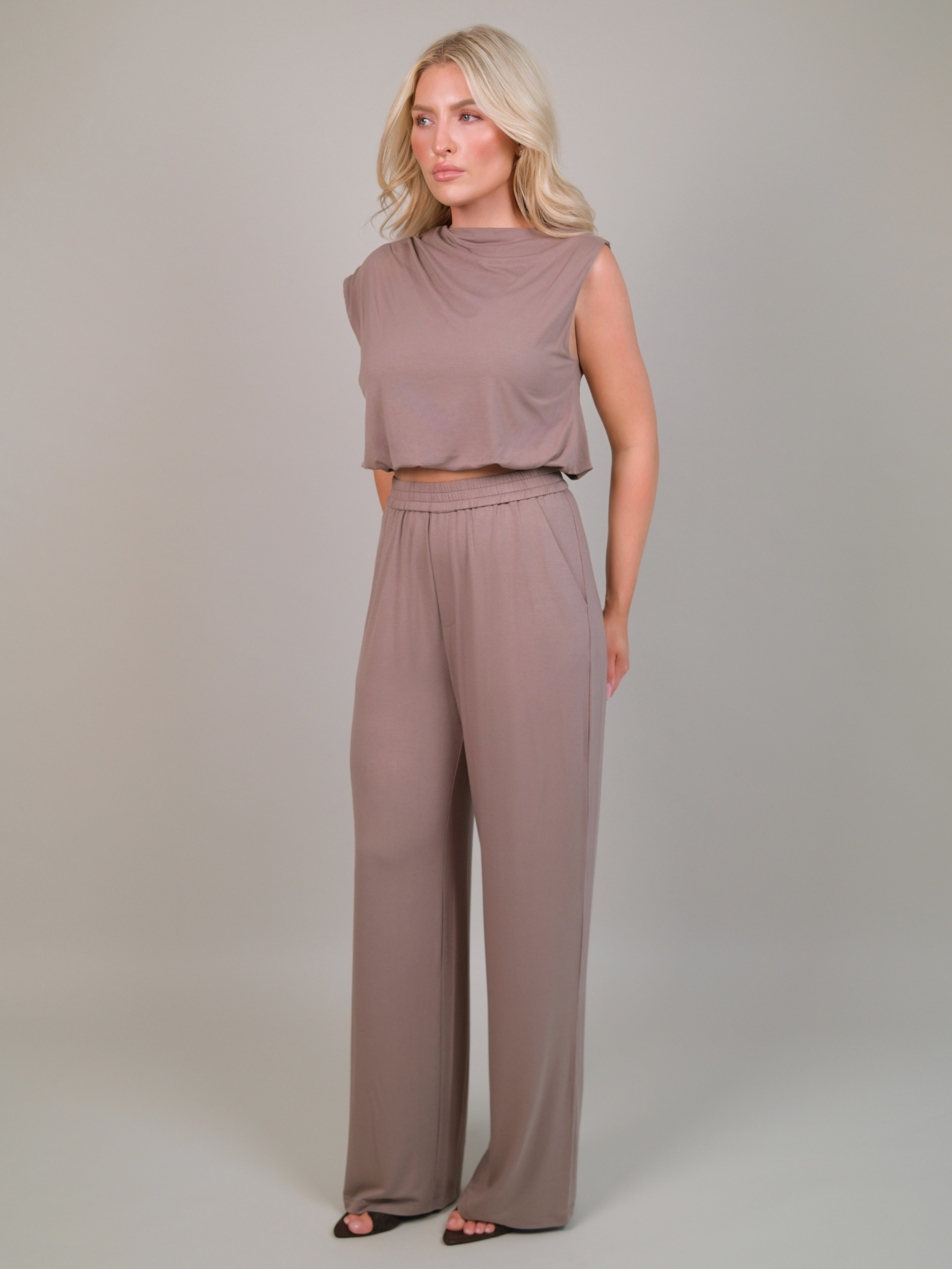 Dahlia Taupe Draped Balloon Jersey Top