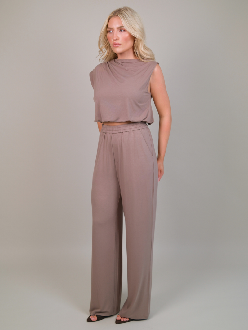 Dahlia Taupe Draped Balloon Jersey Top