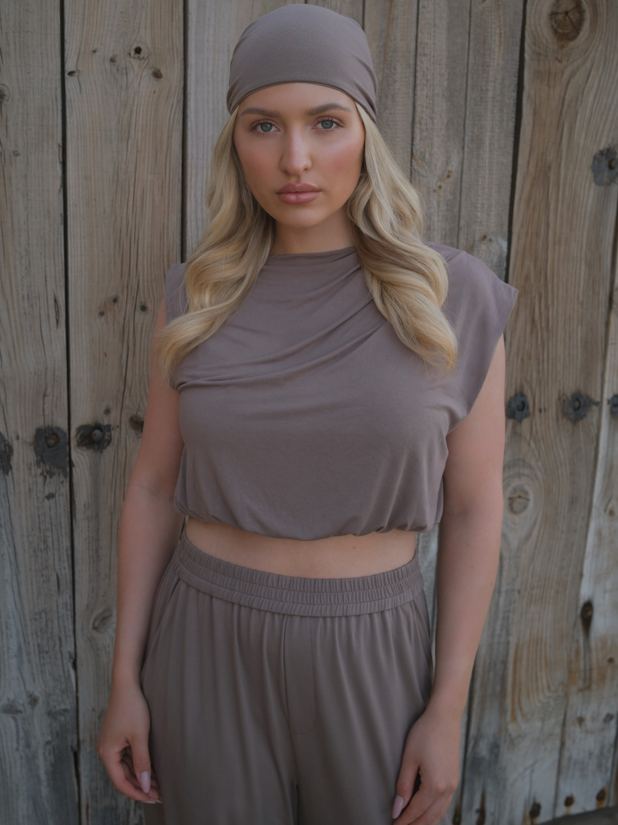 Dahlia Taupe Asym Bamboo Crop Top