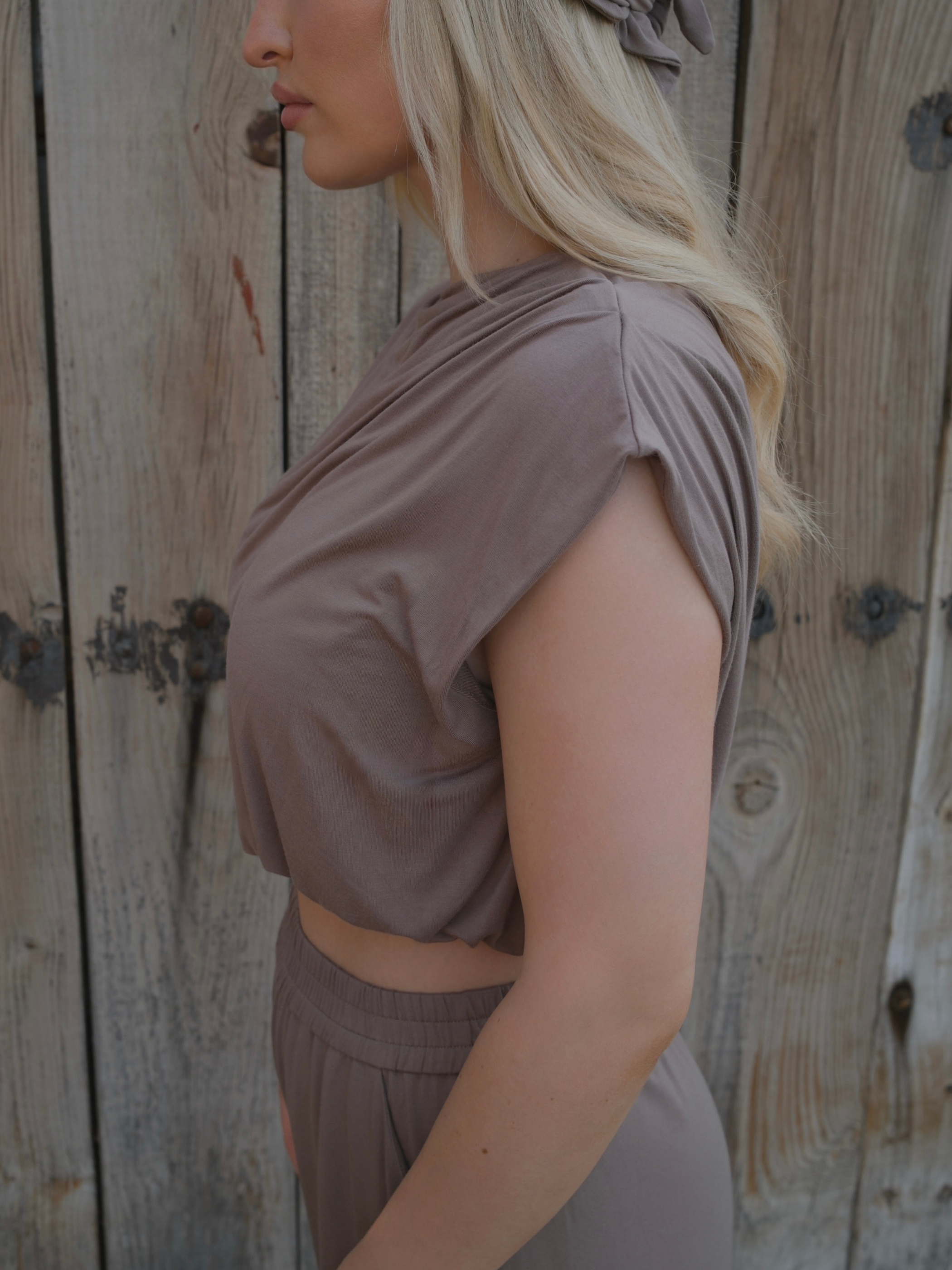 Dahlia Taupe Asym Bamboo Crop Top