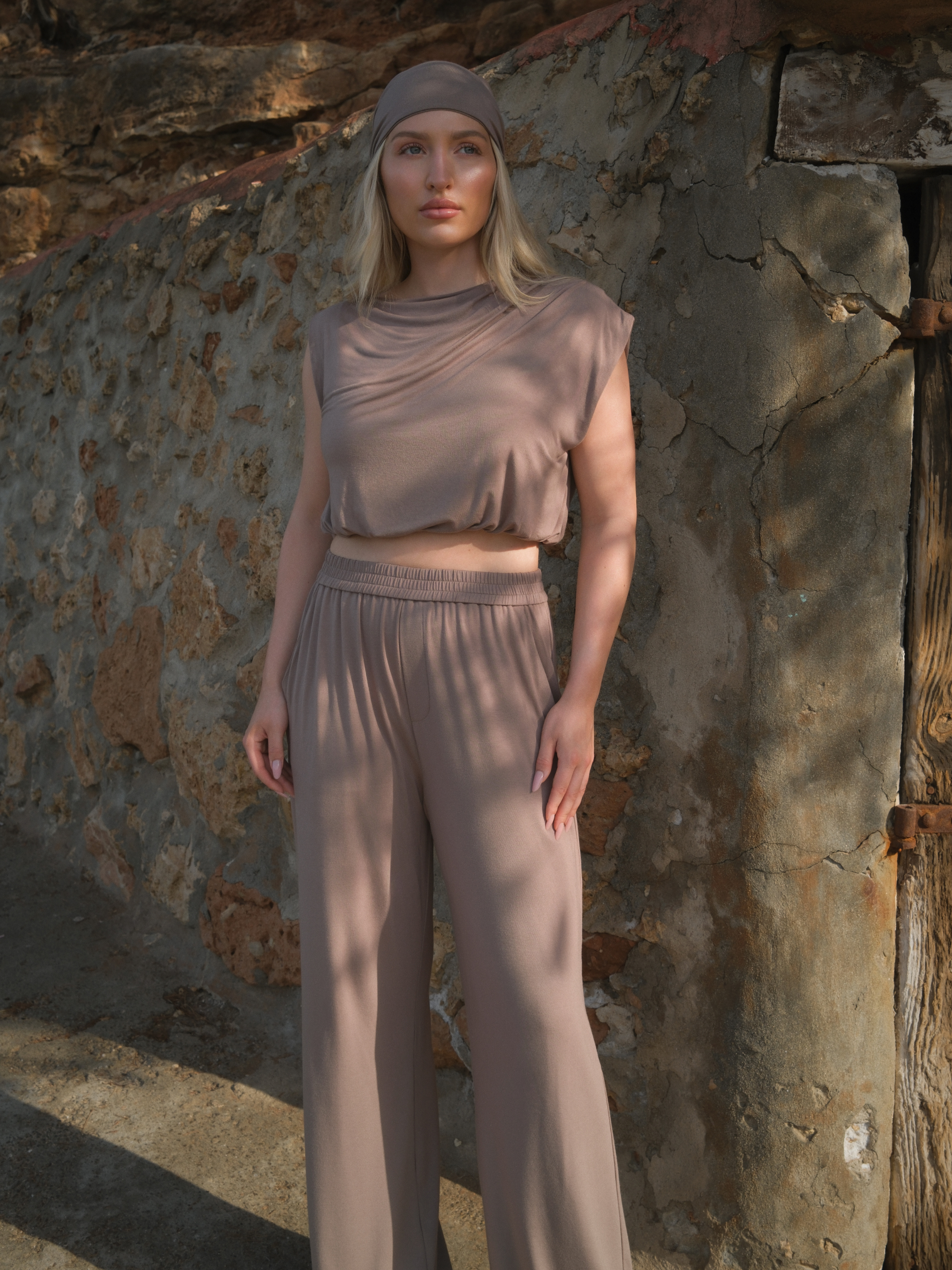 Dahlia Taupe Asym Bamboo Crop Top